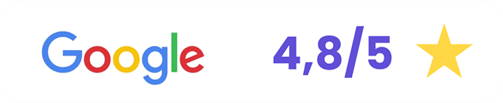 Le logo Google à gauche, une note de 4,8 sur 5 en chiffres violets gras au centre et une étoile jaune à droite, le tout sur fond blanc.