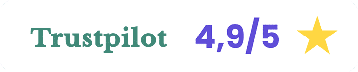 La note Trustpilot affichée est de 4,9/5 en gros texte violet suivi d'une étoile jaune sur fond blanc.